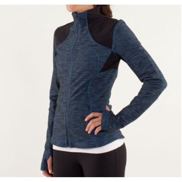 lululemon athletica Jackets & Blazers - Lululemon Forme Slub Denim Limitless Blue Black Luon Zip Sweatshirt Jacket Sz 10